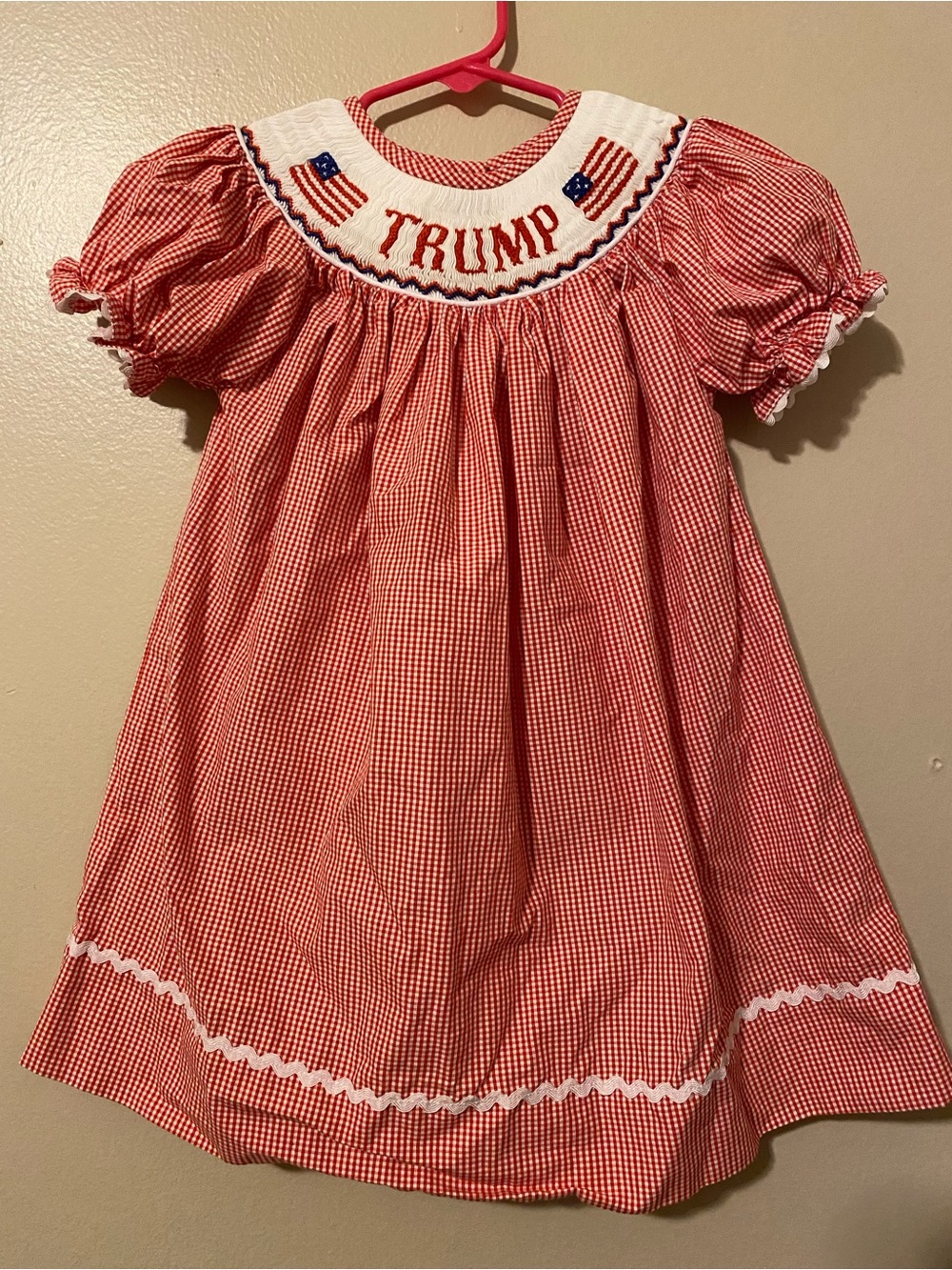 Red Gingham Smocked Kids Dress with Patriotic Embroidery